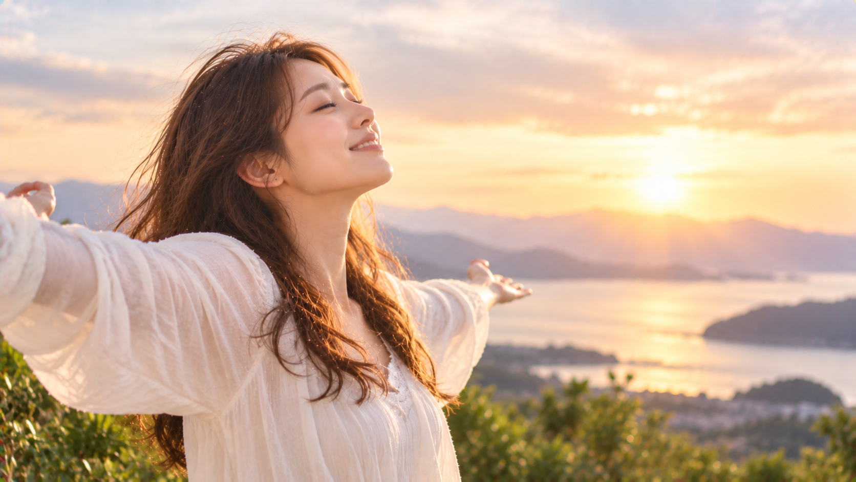 朝焼けの湖畔で自由を抱く女性