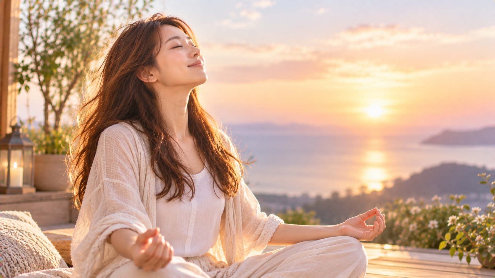 夕陽の海辺で瞑想する女性