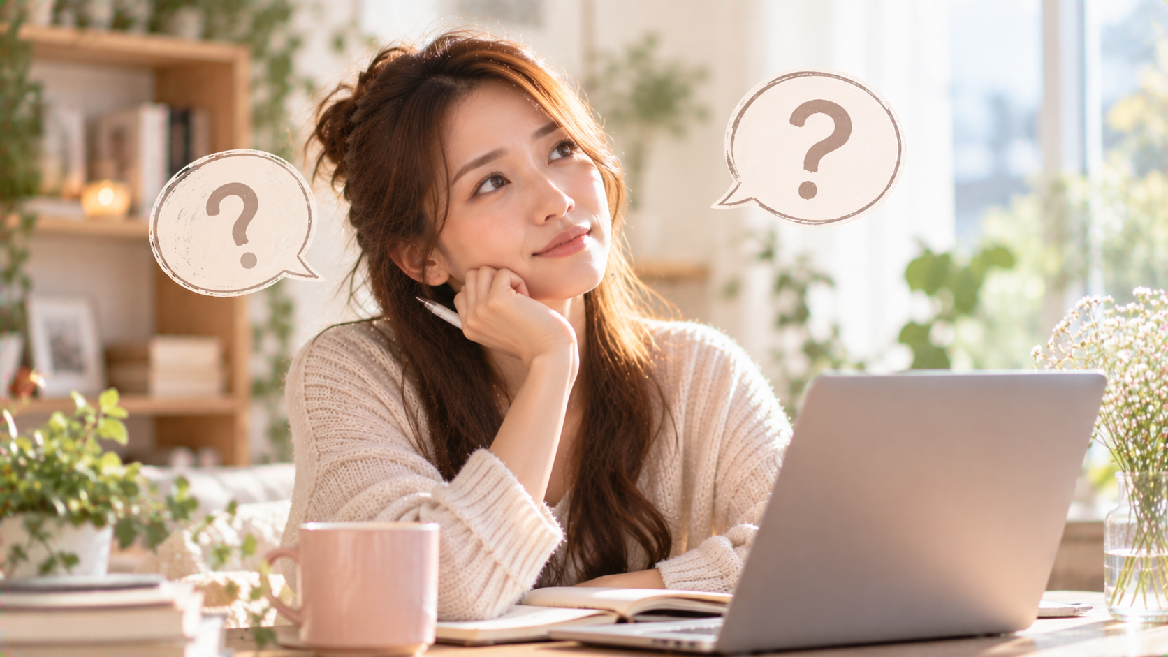 穏やかな机辺で思案する女性