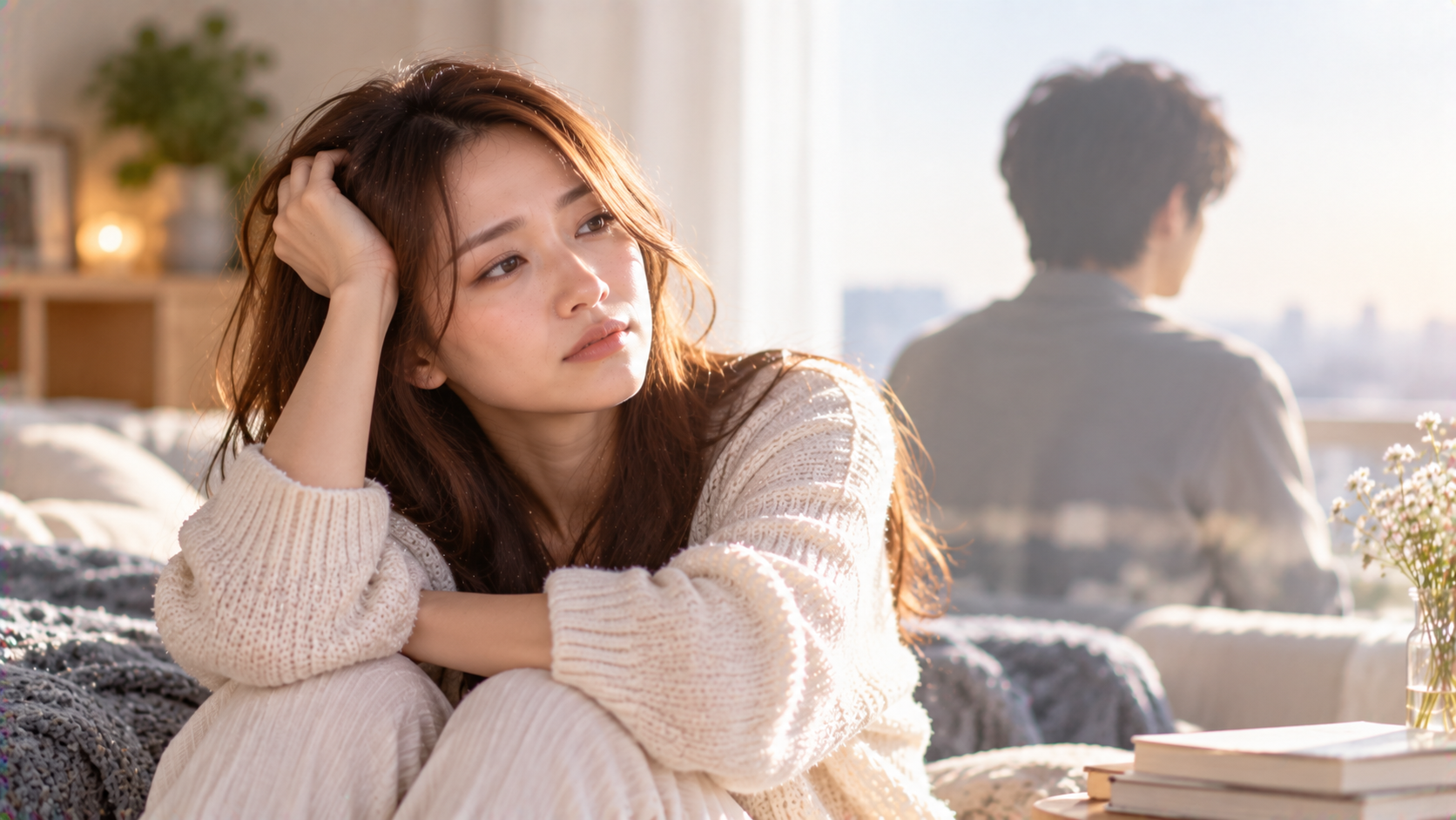部屋で疲れた様子の女性