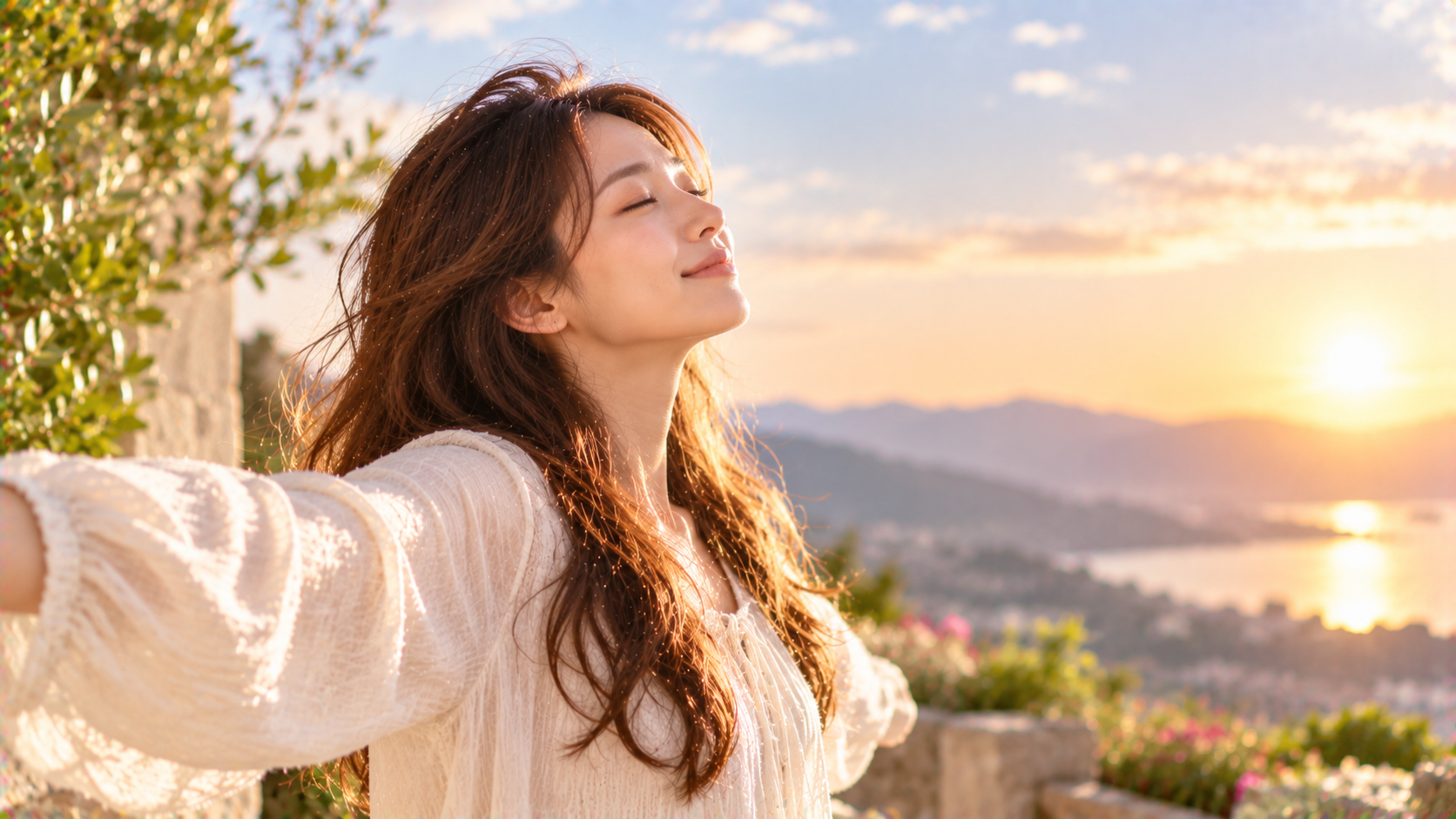 朝日の中で穏やかに微笑む女性