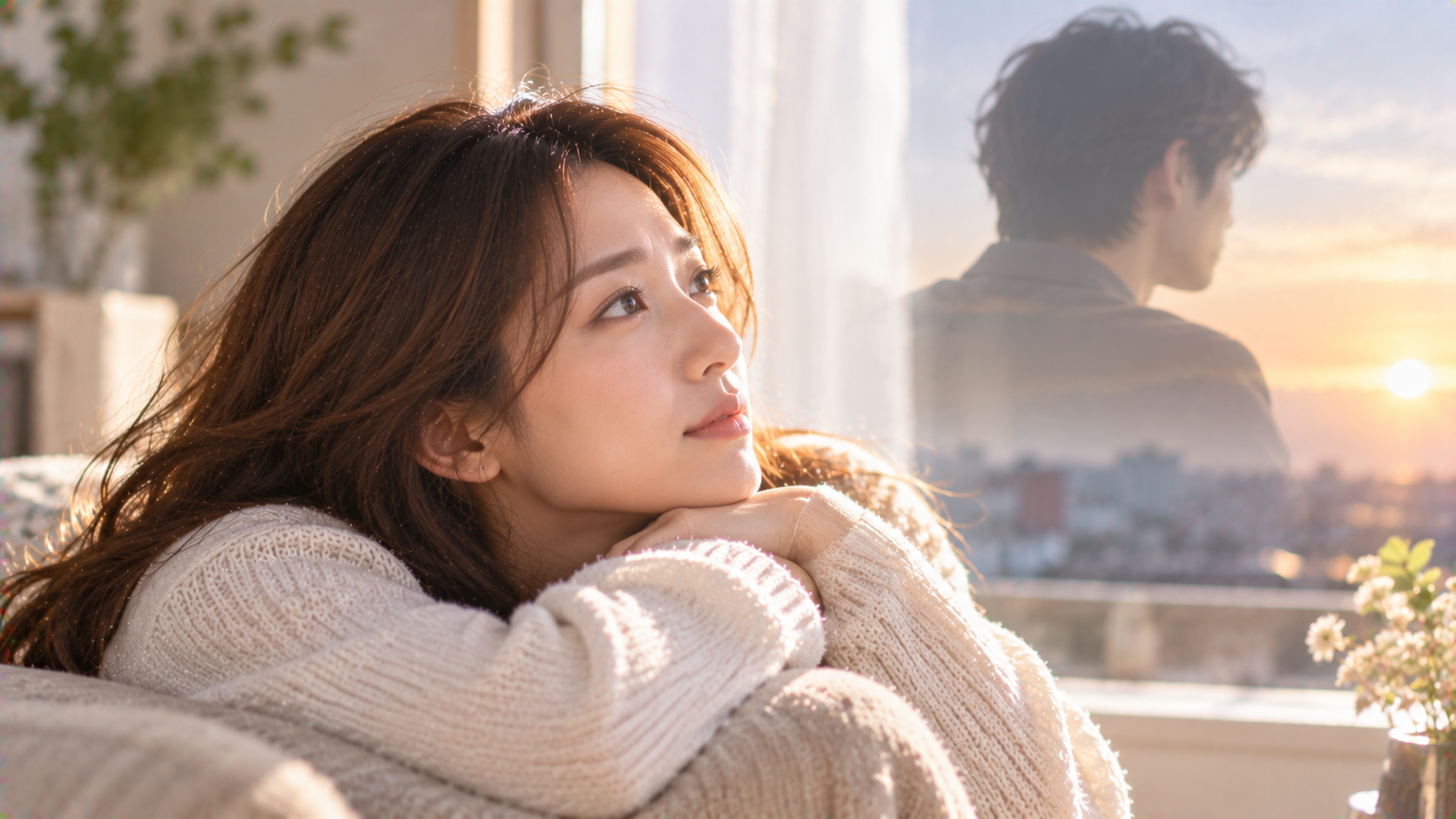窓辺で遠くを見つめる女性と背を向ける男性
