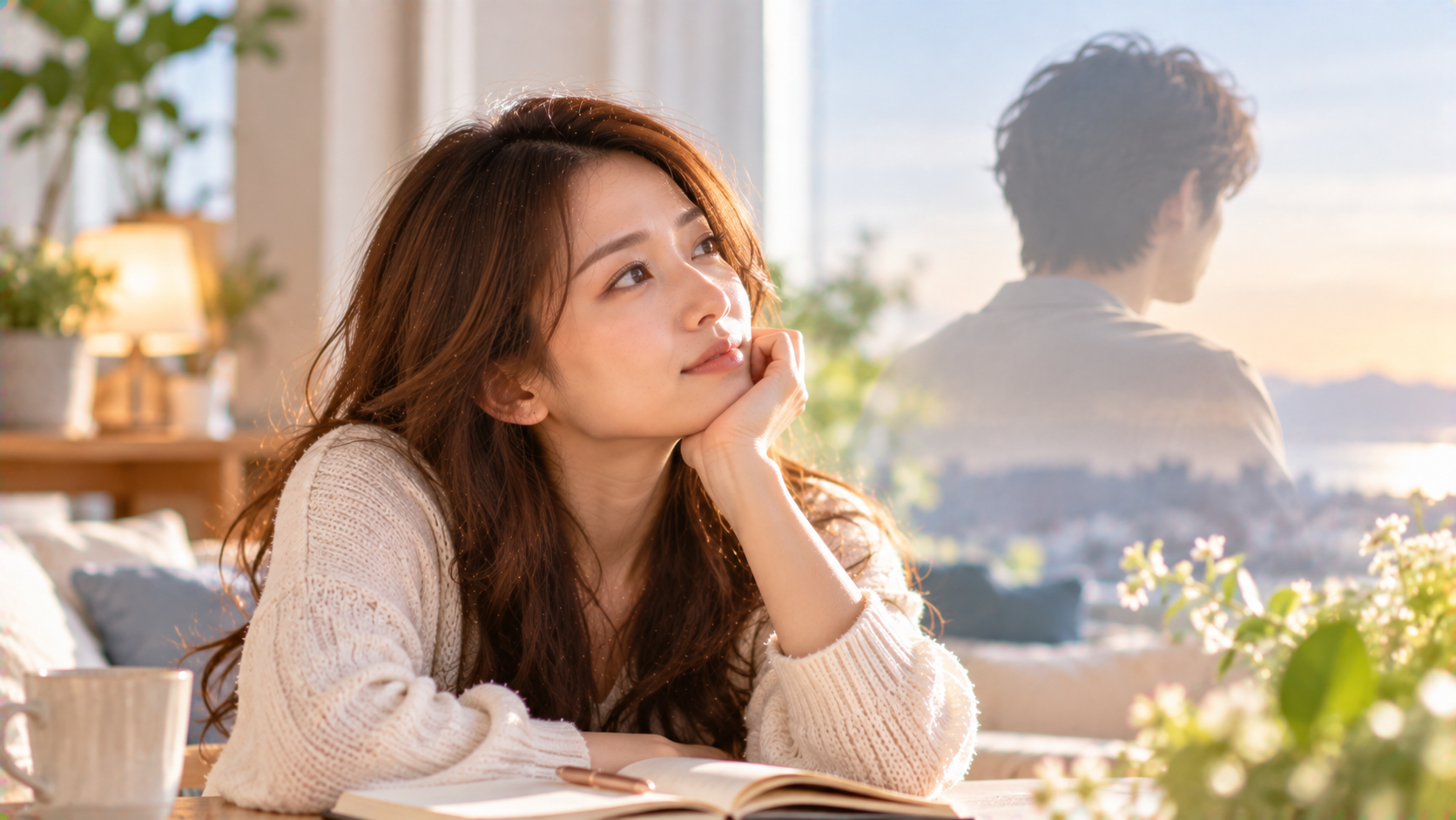 窓辺で頬杖をつき物思いにふける女性