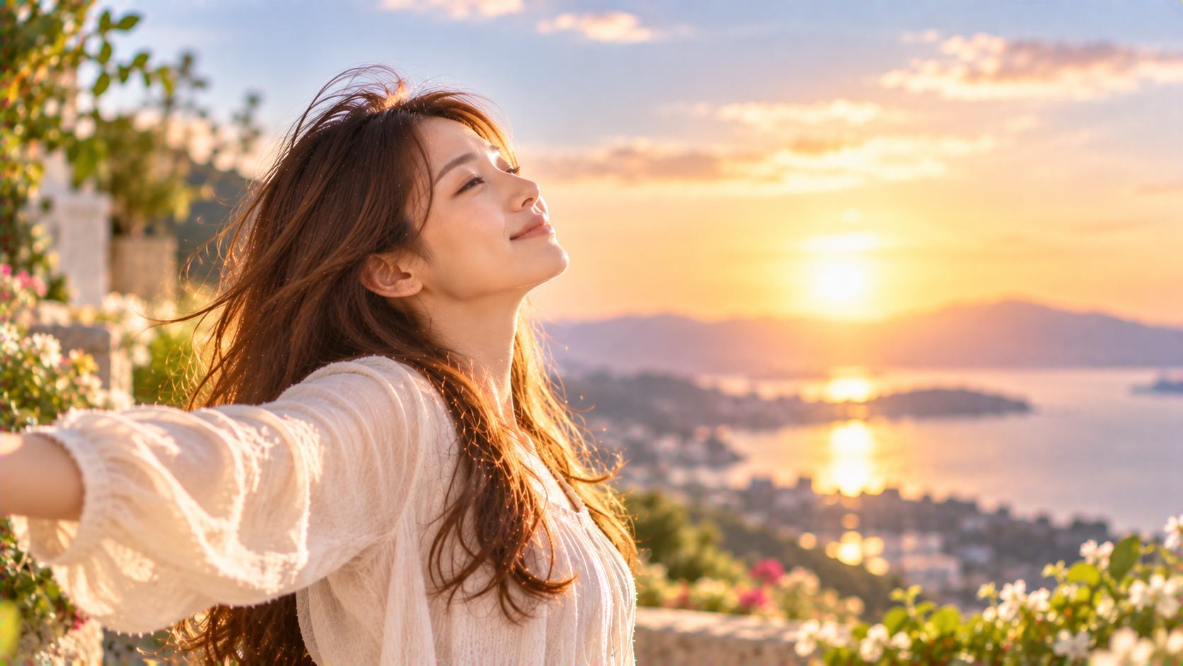朝日を浴びて両手を広げる女性