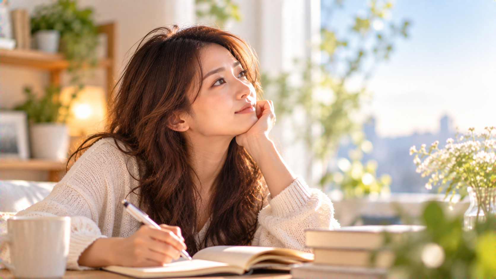 部屋でくつろぎながら思案する女性