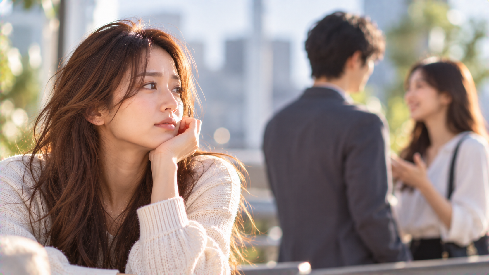 他の女性と話す男性を複雑な表情で見つめる女性