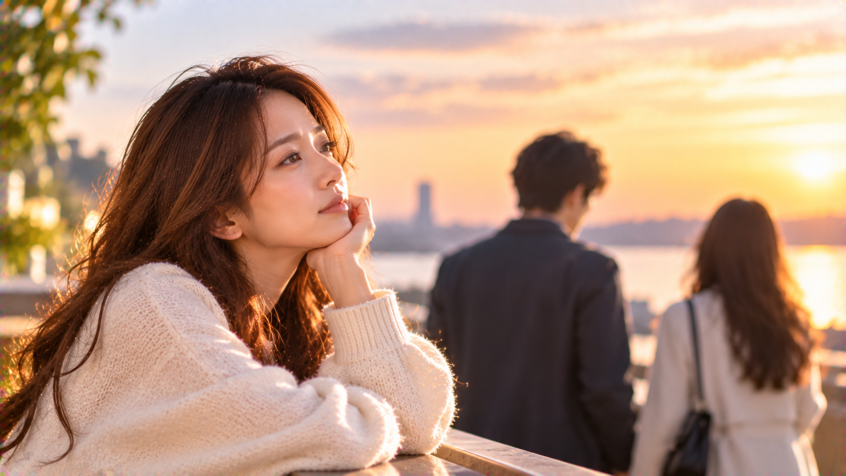 夕暮れの街を見つめる女性と背後の男女