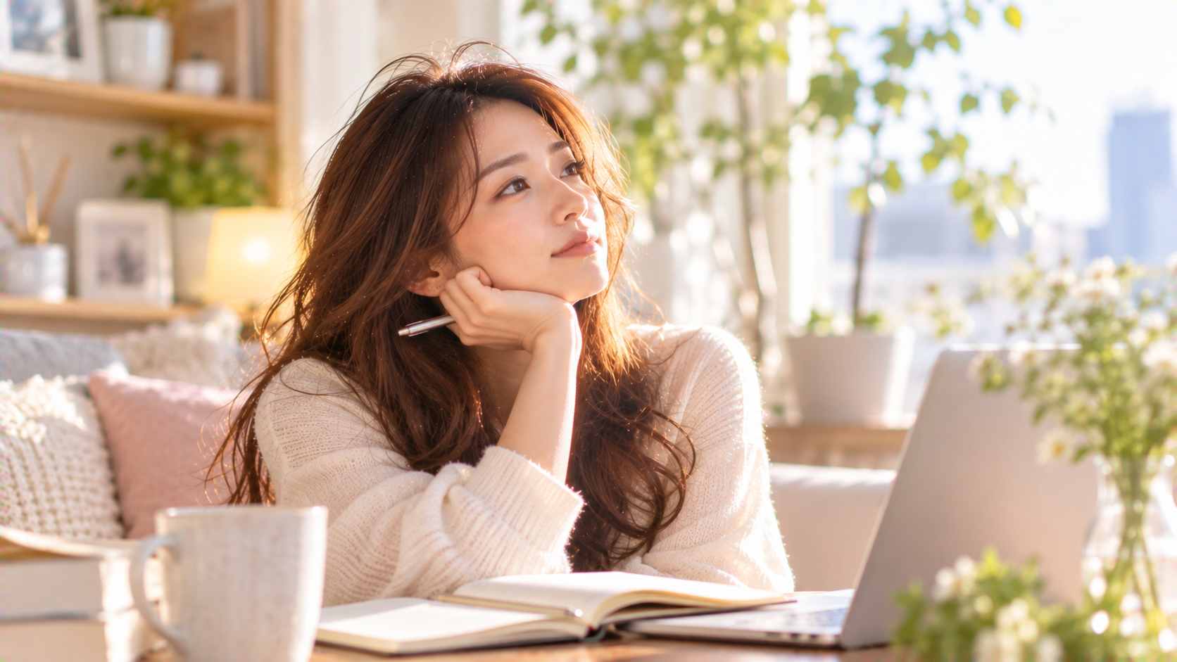 部屋でくつろぎながら考え込む女性