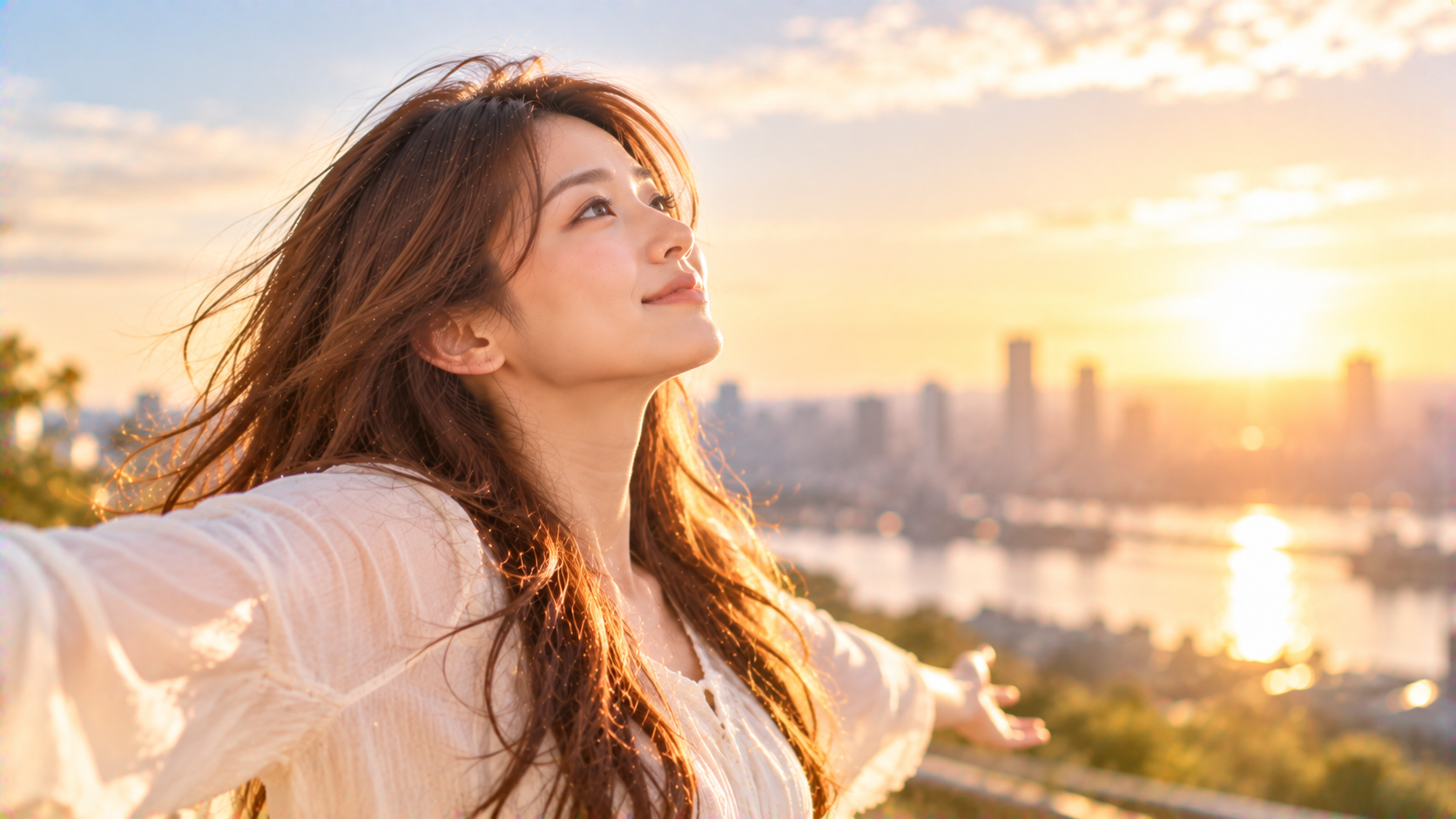 朝日を浴び前向きに微笑む女性