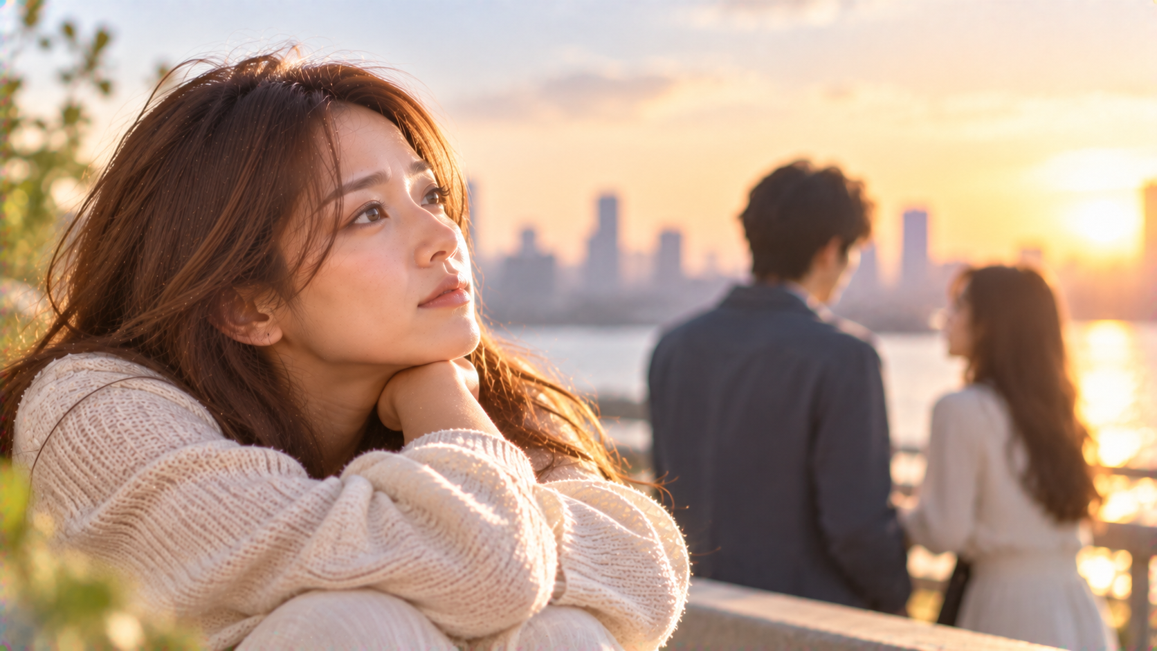 夕暮れの街で遠くを見つめる女性と背後のカップル