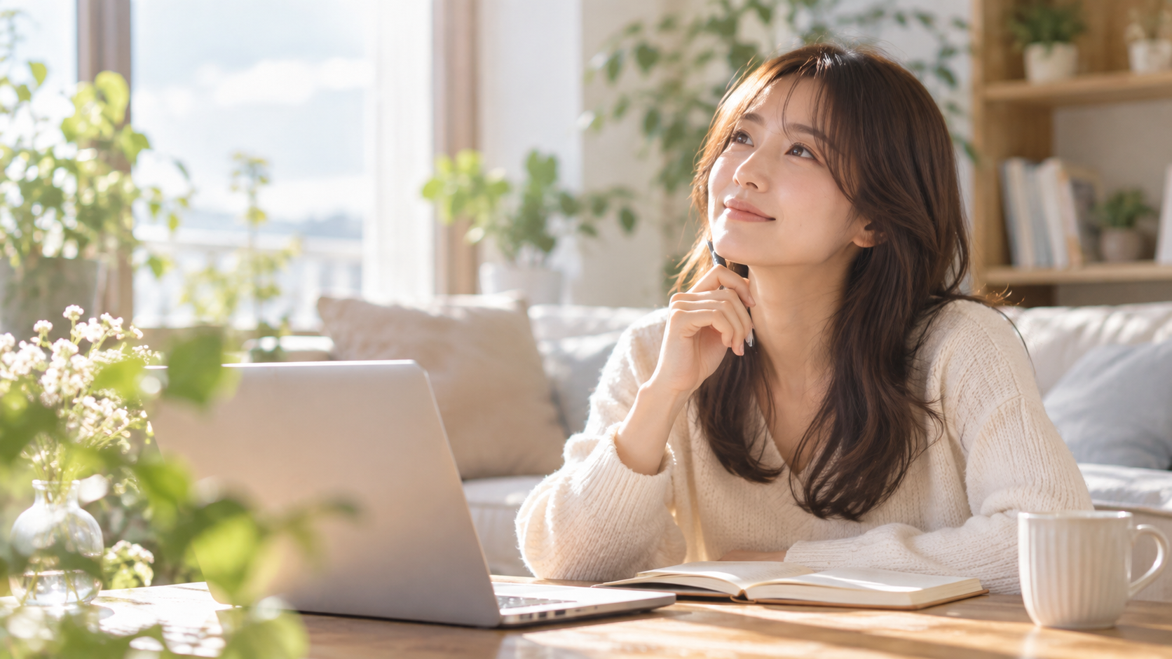 ノートパソコンの前で考え事をする女性の実写風写真